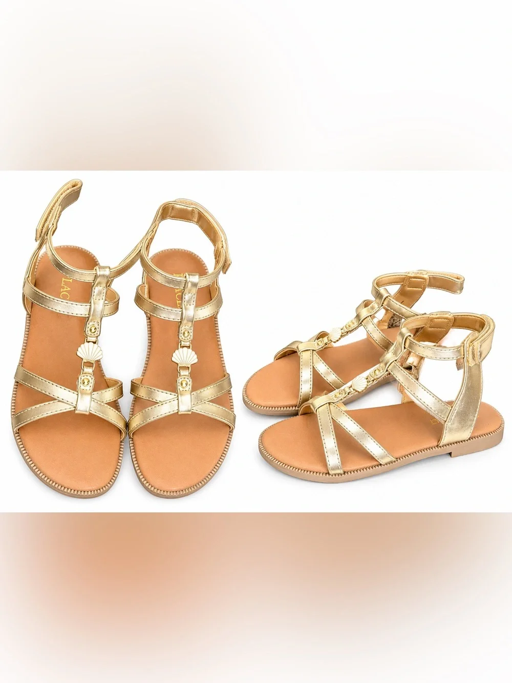 The Children's Place Gold Metallic T-Strap Sandals with Shell Accent